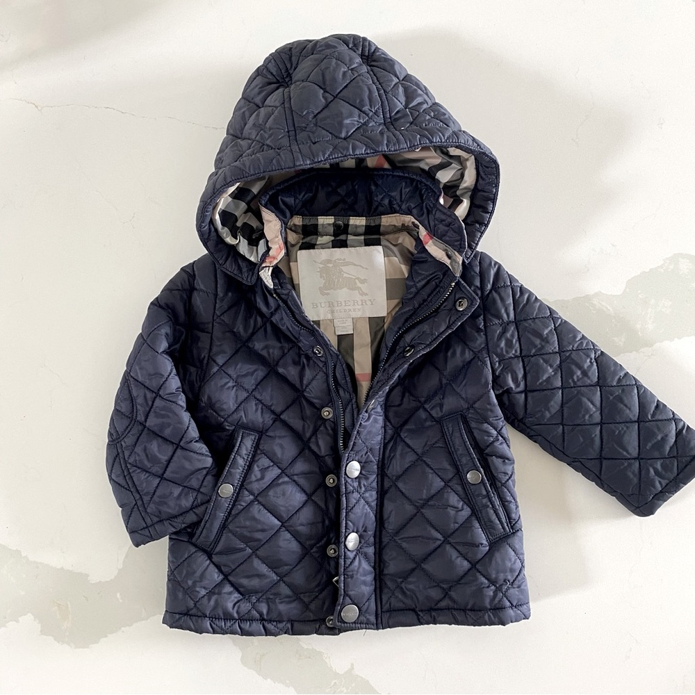 Burberry Quilted Childrens Coat With Detachable Hood In Ink Blue Size 12m